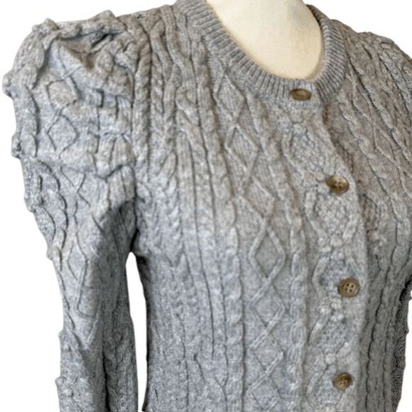 Something Navy Wool Blend Charlie Puff Shoulder Cable Knit Cardigan Gray Small - Picture 3 of 11